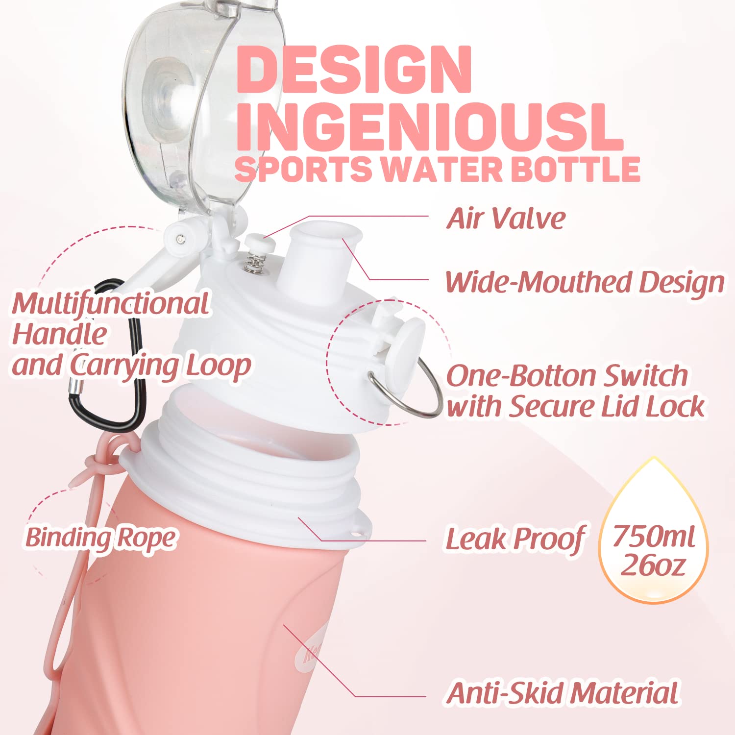 Kemier Collapsible Water Bottle - Reusable Bpa Free Silicone Travel Water Bottle For Hiking Camping Foldable Leak Proof Sports D